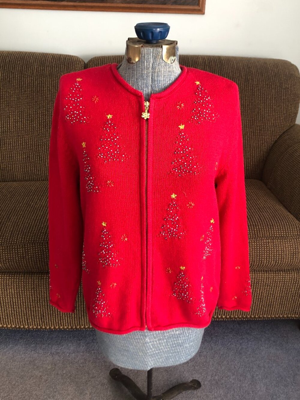 Croft & Barrow Women's Size M Medium Red Christmas Sweater Zip Up Front